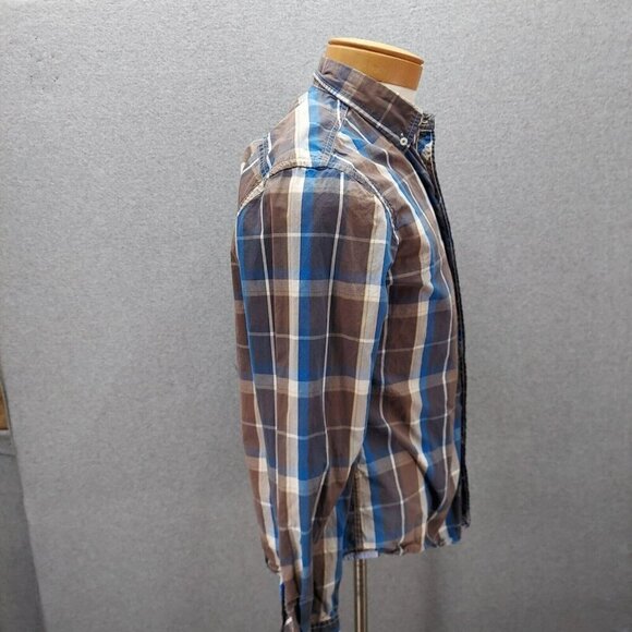 American Eagle Mens Outfitters Shirts Sz M Long Sleeve Prep Fit Blue Brown Plaid - Picture 4 of 6